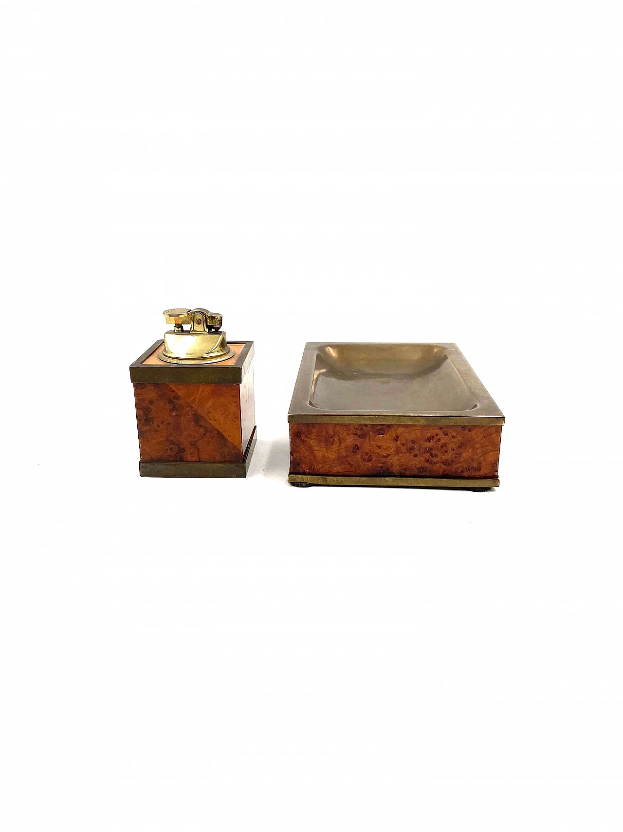 Wood and brass ashtray and table lighter, 1950s 11