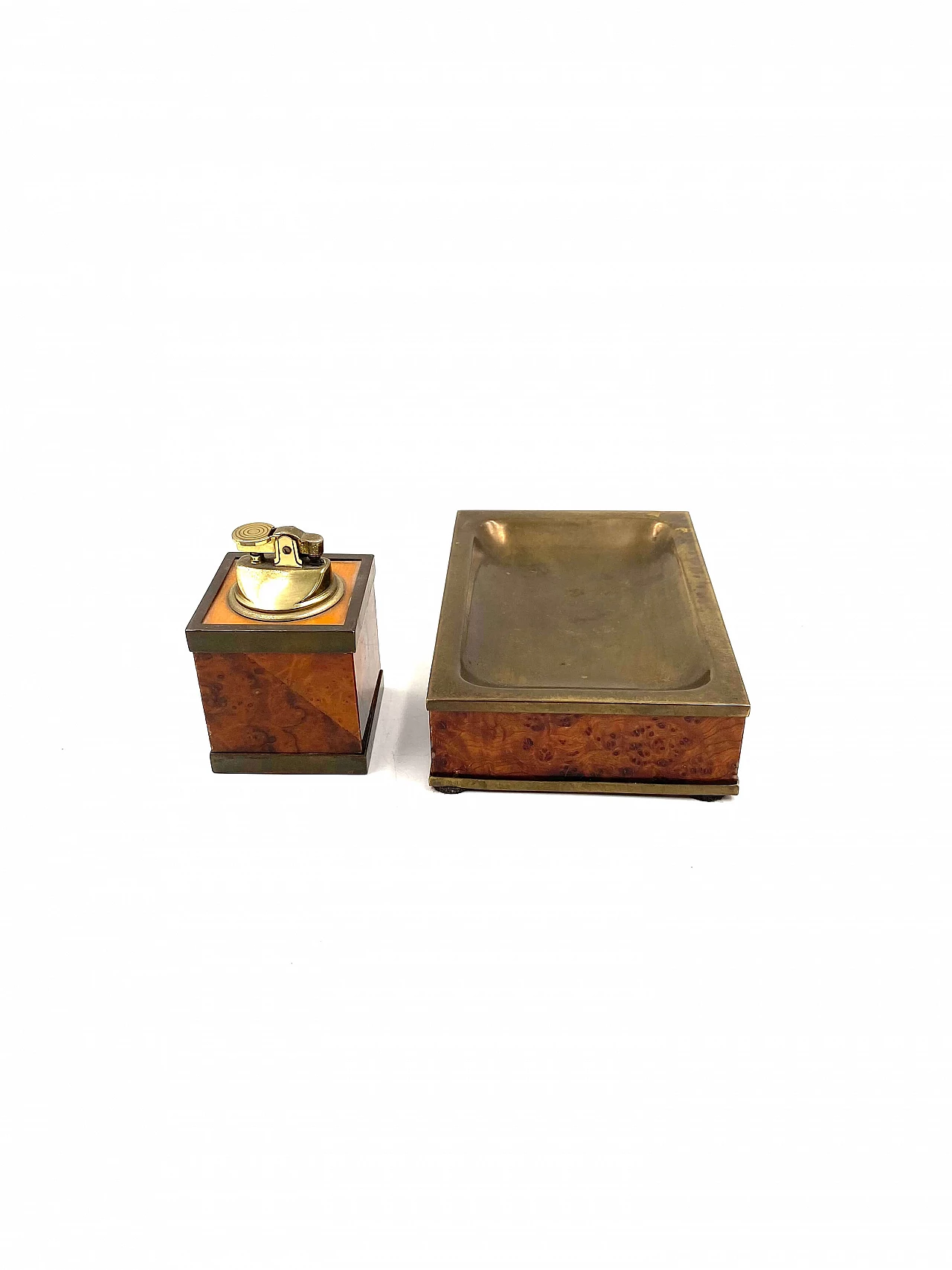 Wood and brass ashtray and table lighter, 1950s 12