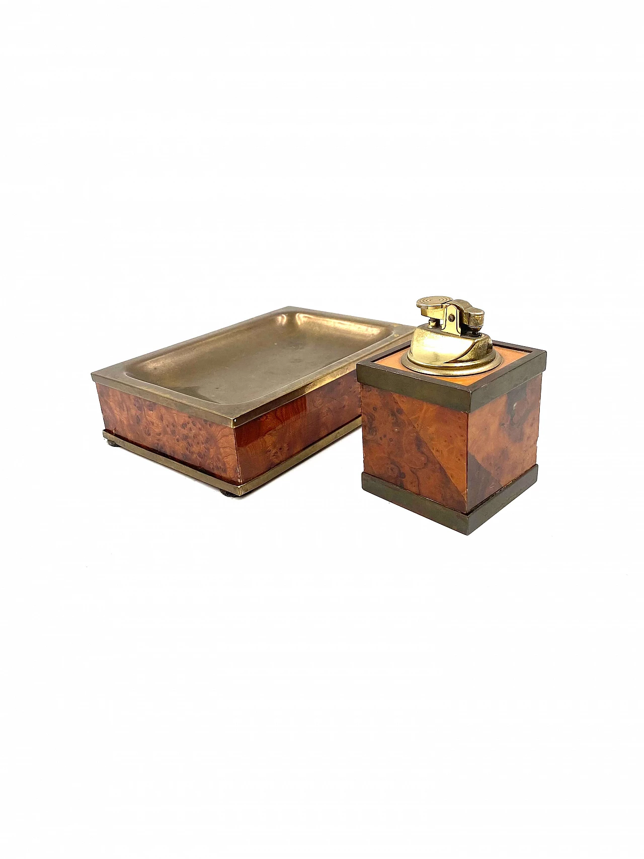 Wood and brass ashtray and table lighter, 1950s 13