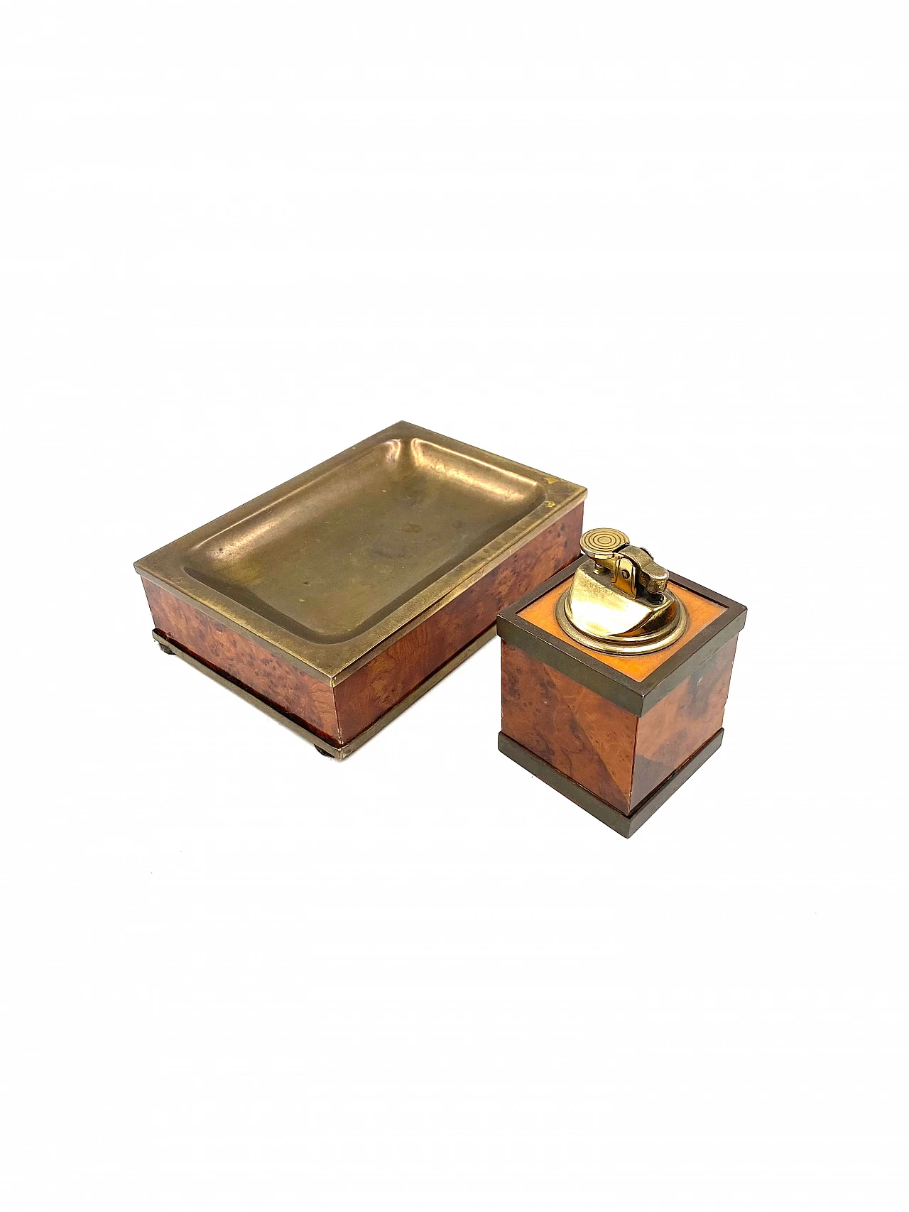Wood and brass ashtray and table lighter, 1950s 14