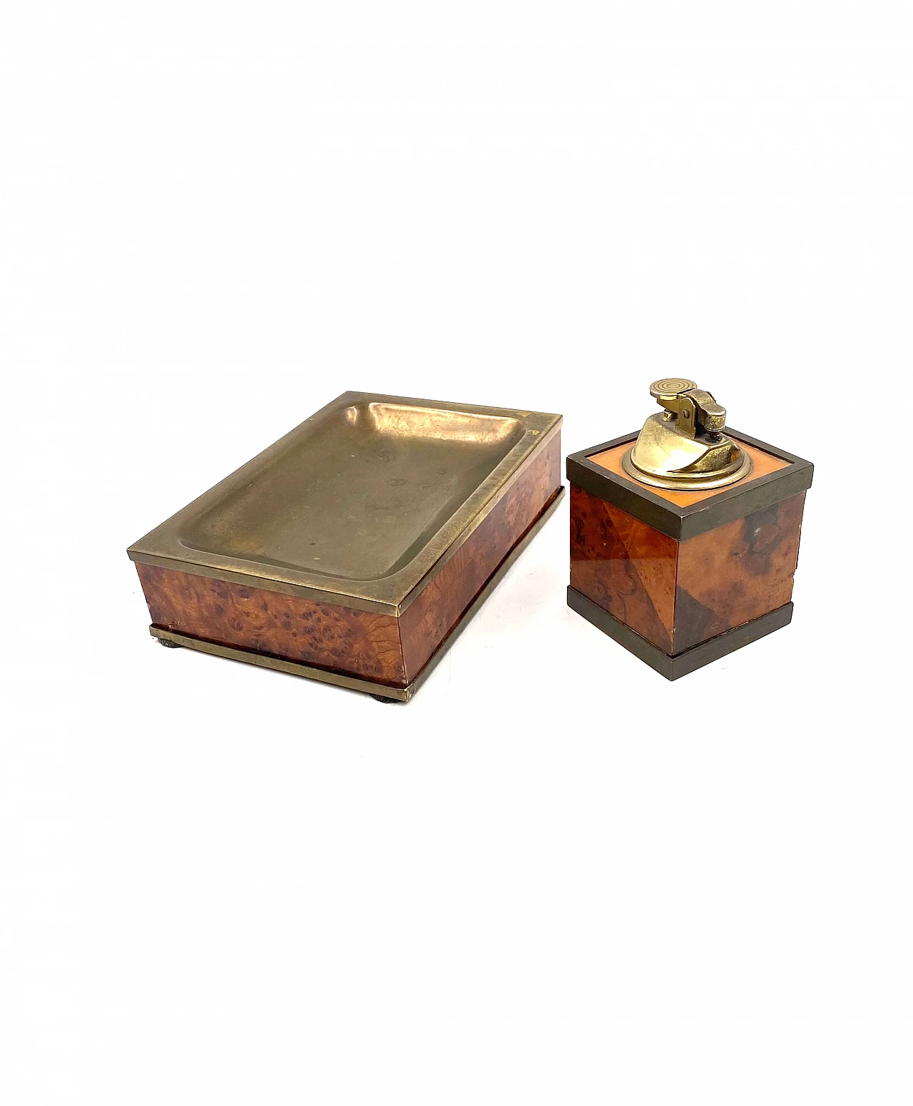 Wood and brass ashtray and table lighter, 1950s 16