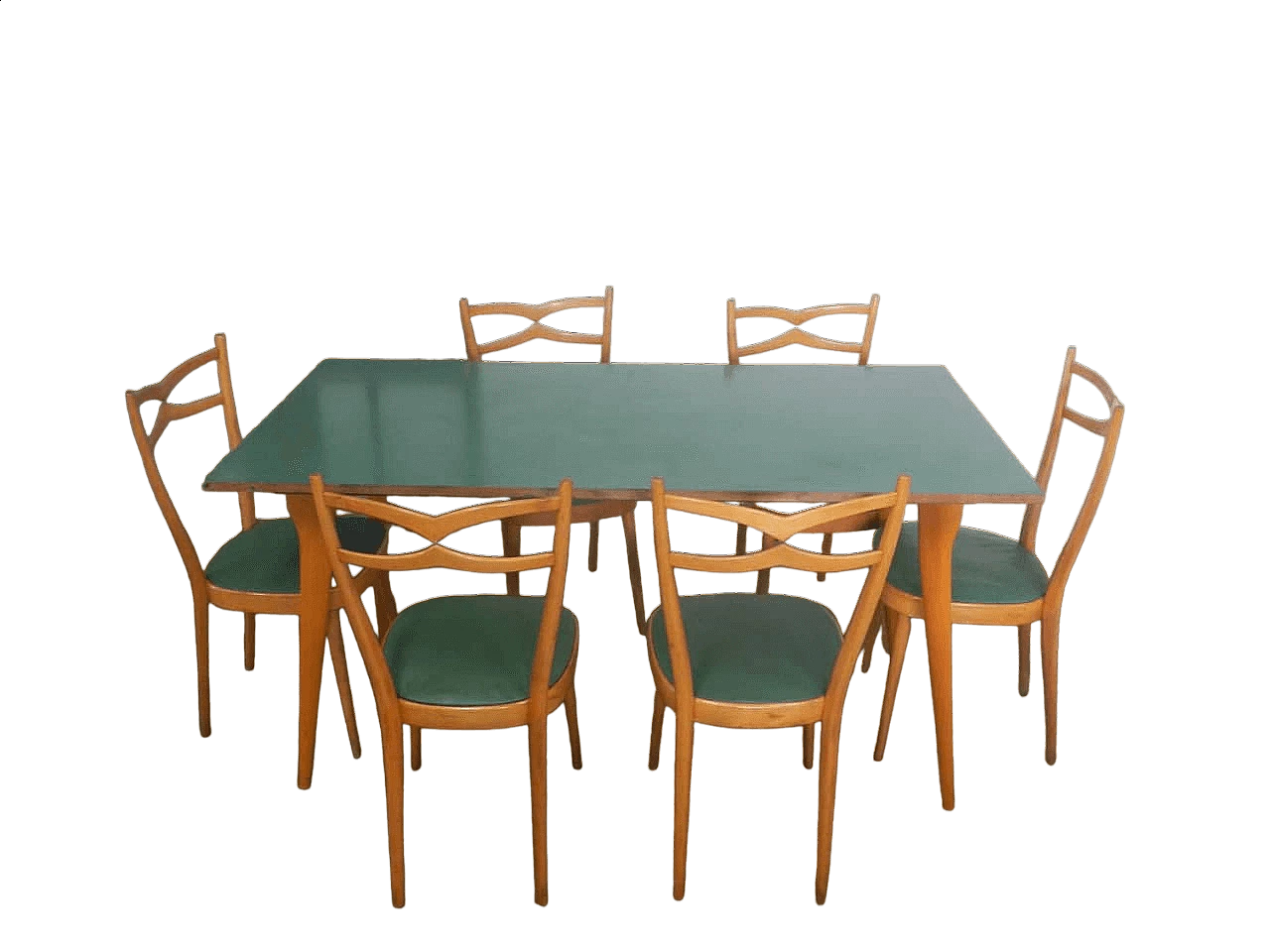 6 Sedie e tavolo in faggio, formica e similpelle nello stile di Paolo Buffa, anni '50 13