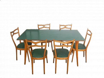 6 Sedie e tavolo in faggio, formica e similpelle nello stile di Paolo Buffa, anni '50
