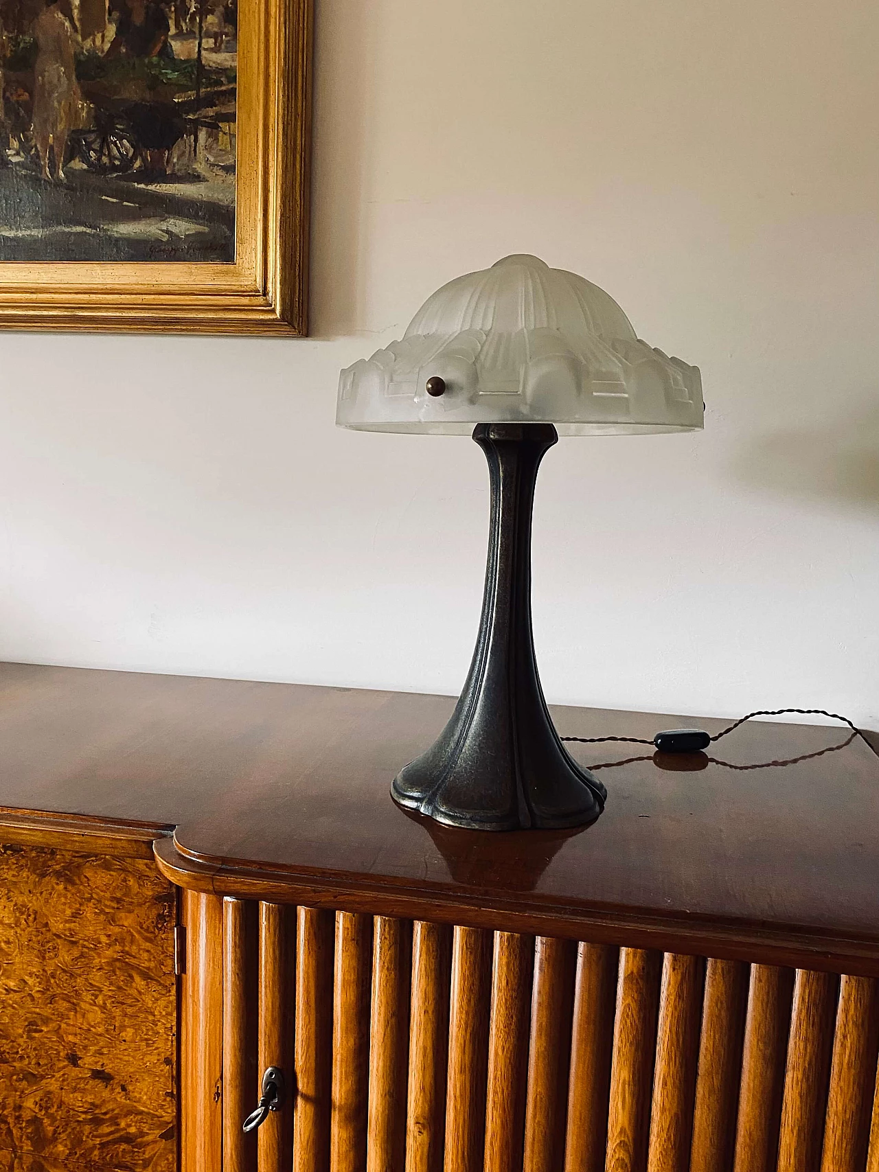 Lampada da tavolo Art Déco francese in bronzo e vetro, anni '30 2