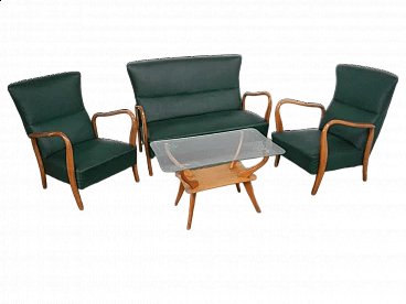 Sofa, pair of armchairs and coffee table in wood, green leatherette and glass, 1950s