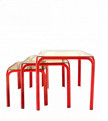 Trio of nesting tables in iron and smoked glass, 1980s
