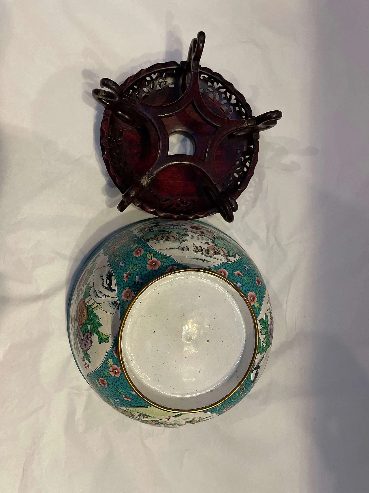 Cachepot cinese con supporto in legno intarsiato, circa 1800 8