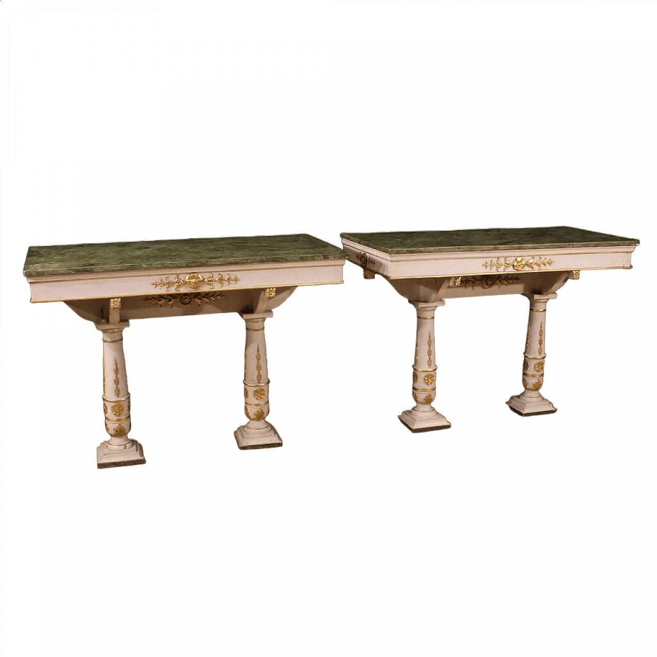 Coppia di consolle in stile Impero con piano in legno laccato a finto marmo, fine '800 12
