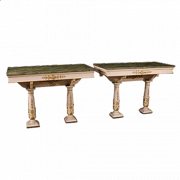 Coppia di consolle in stile Impero con piano in legno laccato a finto marmo, fine '800