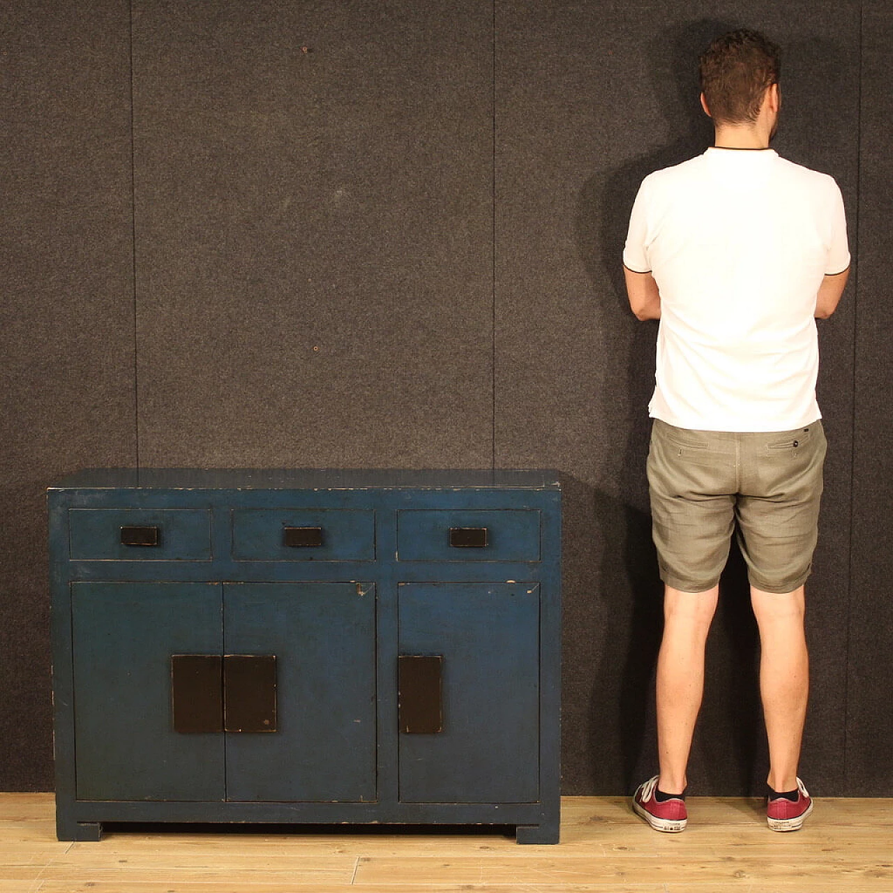 Chinese blue lacquered exotic wood sideboard, 1980s 3