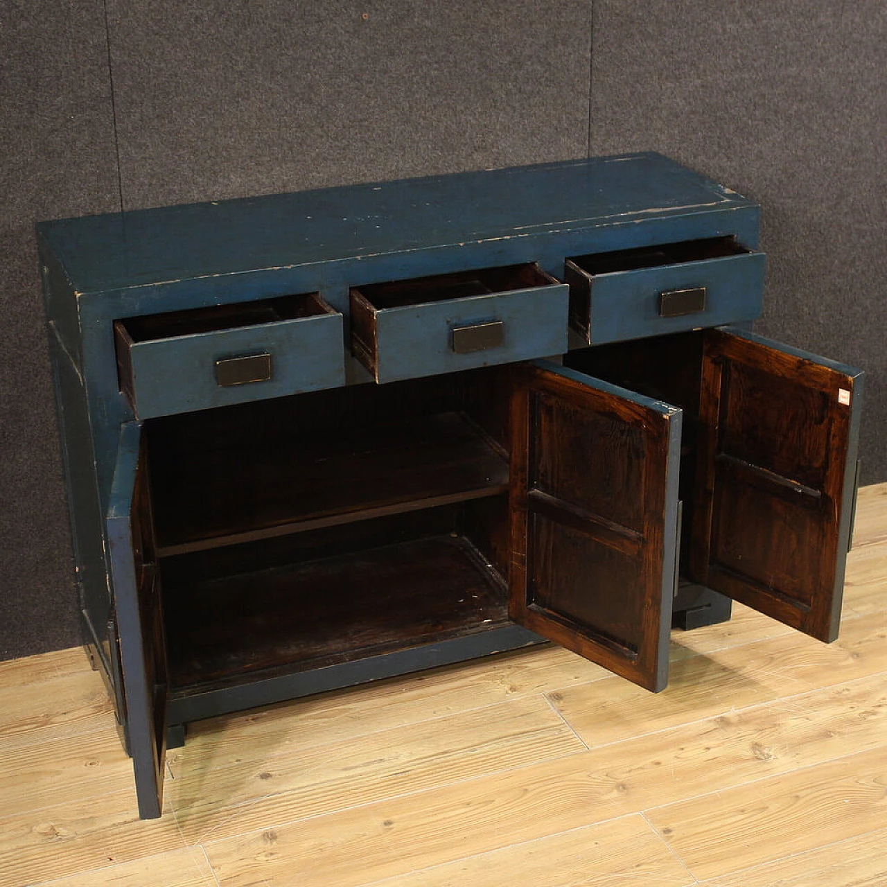 Chinese blue lacquered exotic wood sideboard, 1980s 9