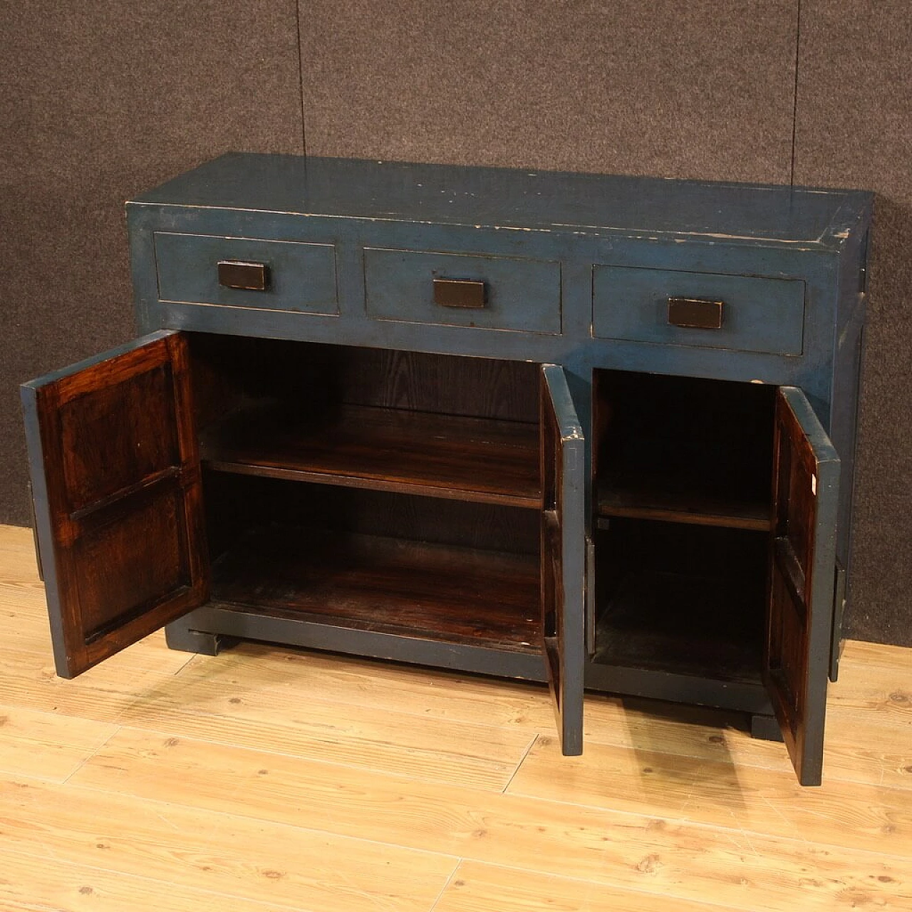 Chinese blue lacquered exotic wood sideboard, 1980s 11