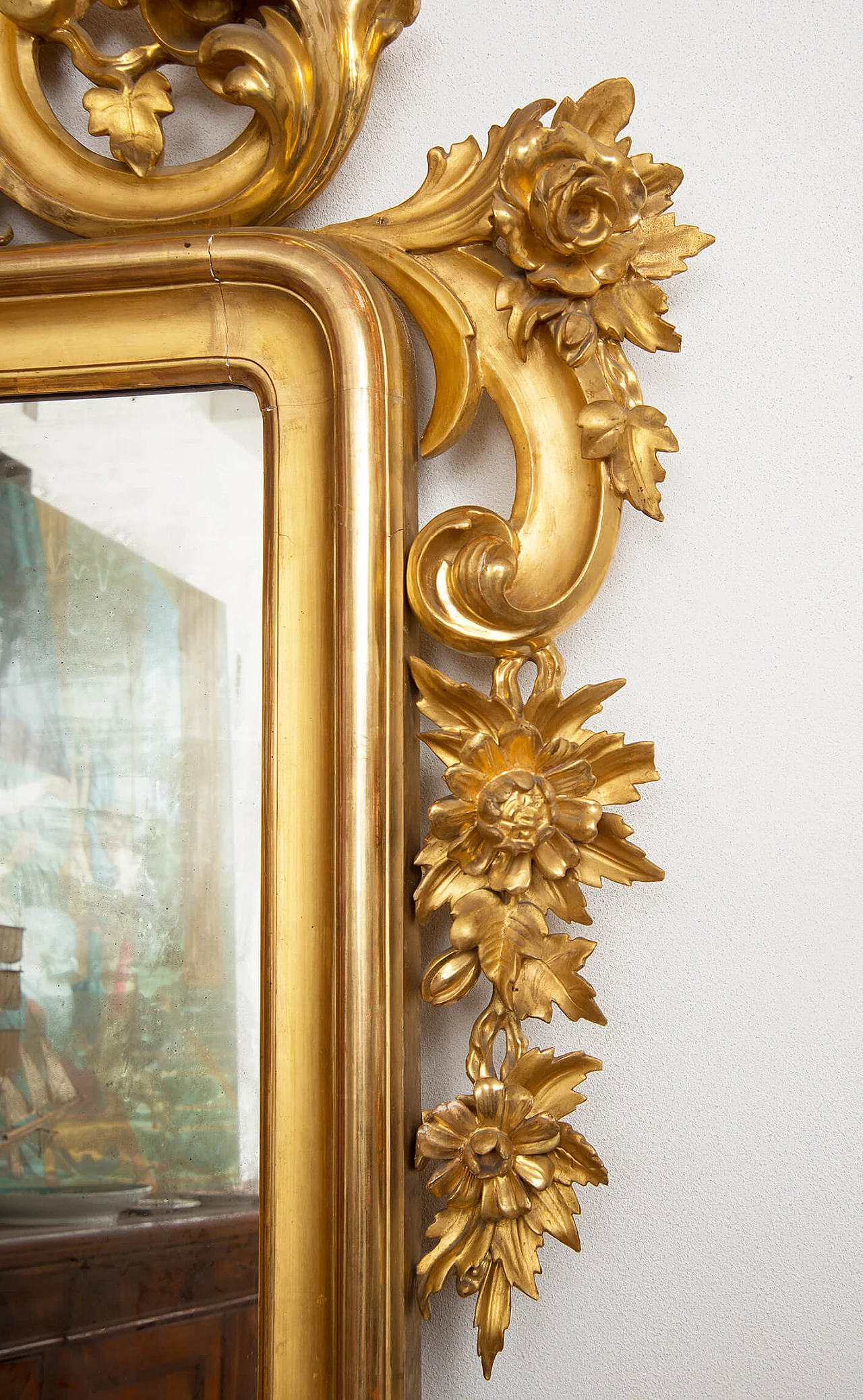 Specchiera Luigi Filippo napoletana in legno dorato e intagliato, '800 4