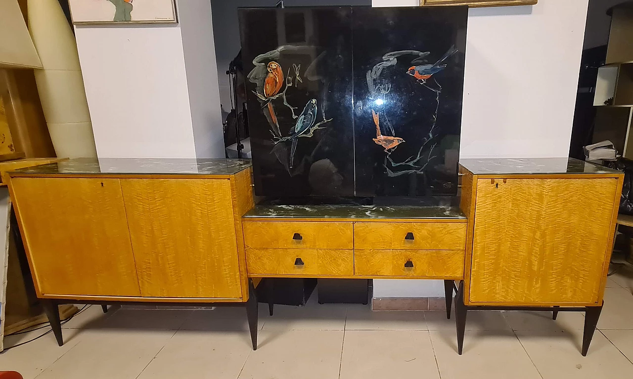 Credenza in legno con mobile bar ad ante decorate, anni '50 3