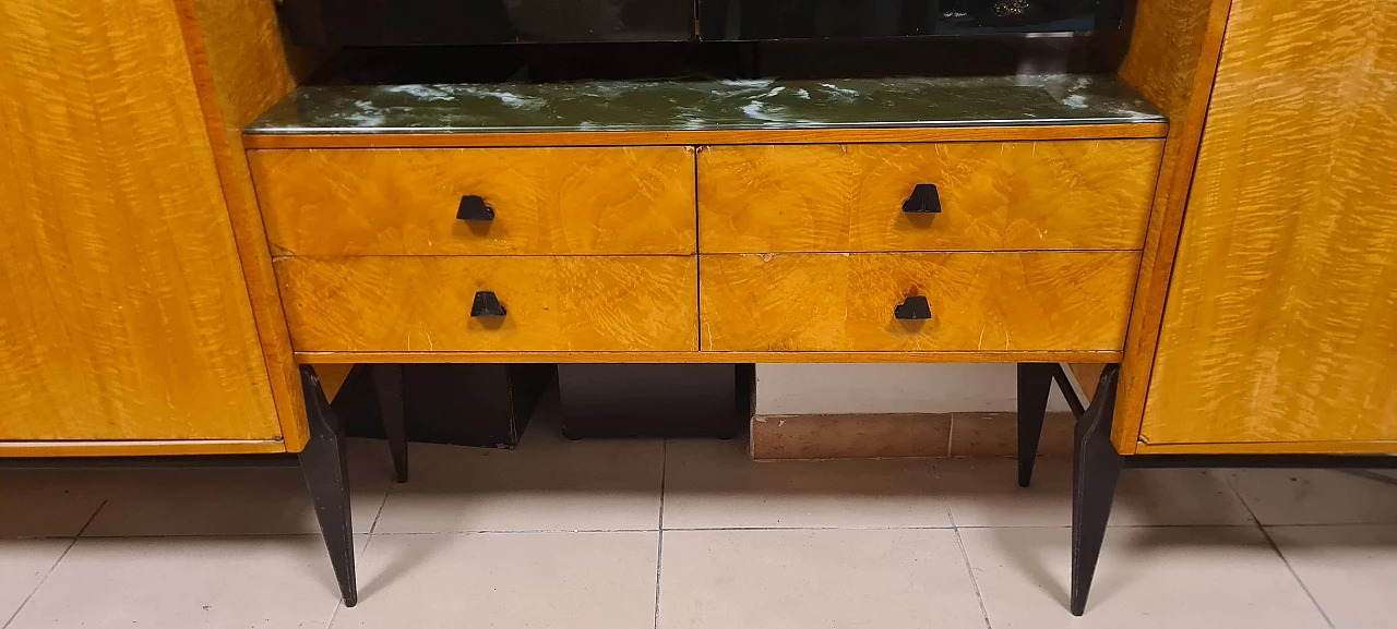 Credenza in legno con mobile bar ad ante decorate, anni '50 6