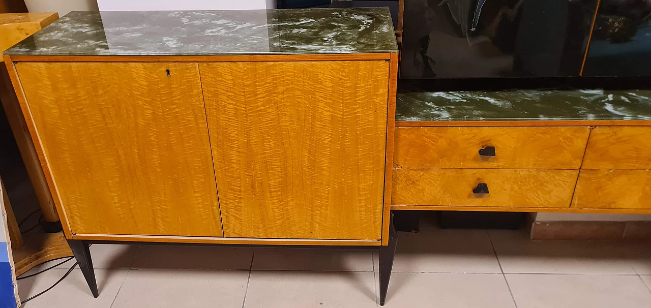 Credenza in legno con mobile bar ad ante decorate, anni '50 7