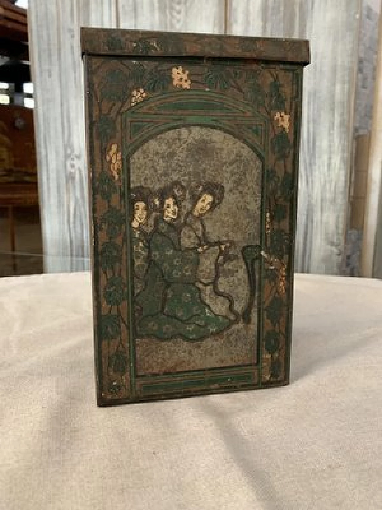 Scatola da tè cinese in metallo dipinto, anni '30 1