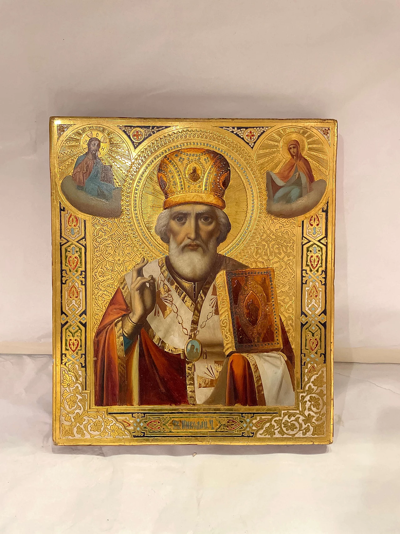 Russian icon of St. Nicholas blessing, oriental colours on panel, early 20th century 1