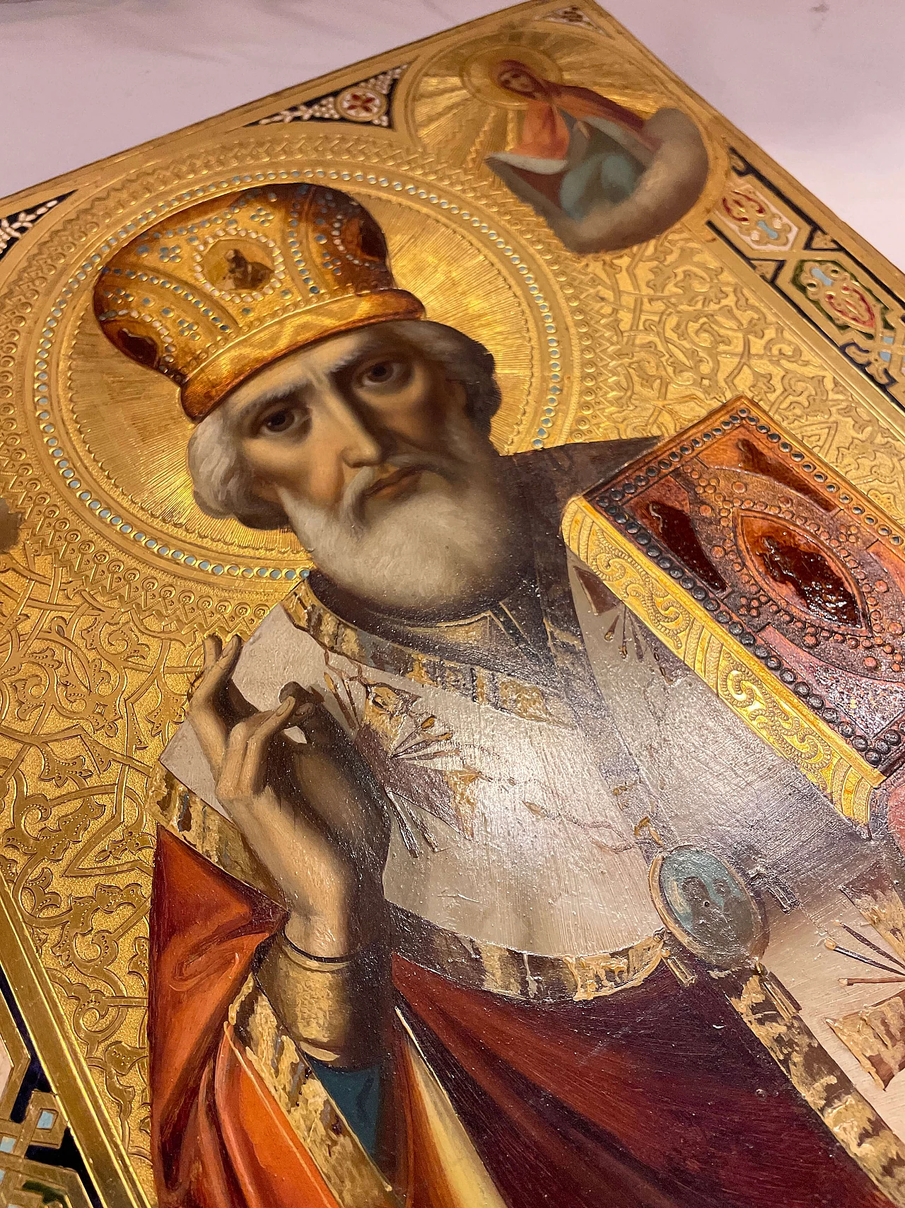 Icona russa di S. Nicola benedicente, colori orientali su tavola, inizio '900 5