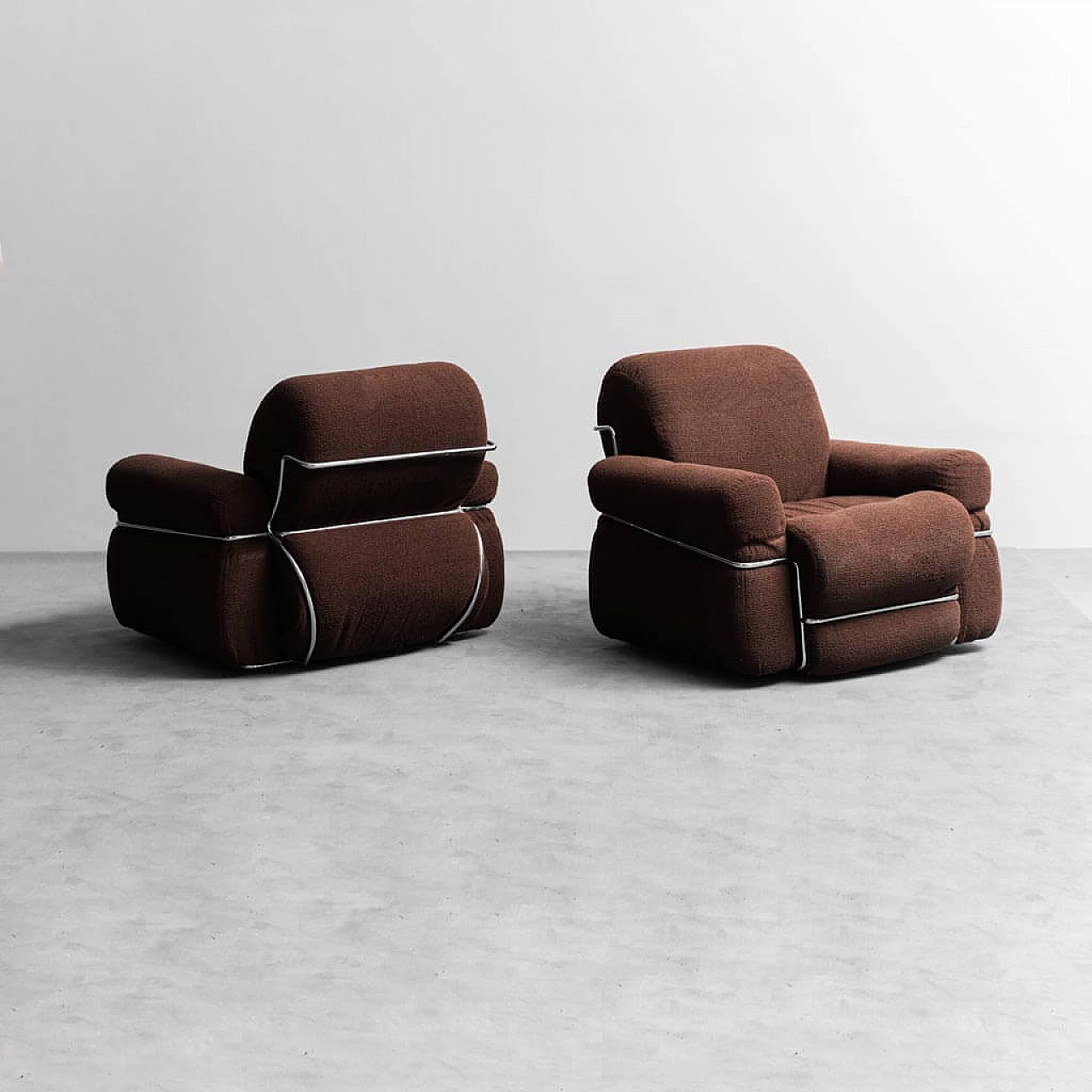 Pair of brown fabric and tubular metal armchairs, 1970s 1