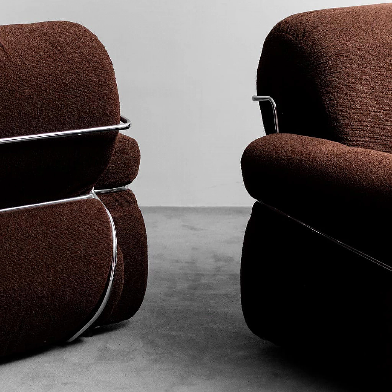 Pair of brown fabric and tubular metal armchairs, 1970s 2