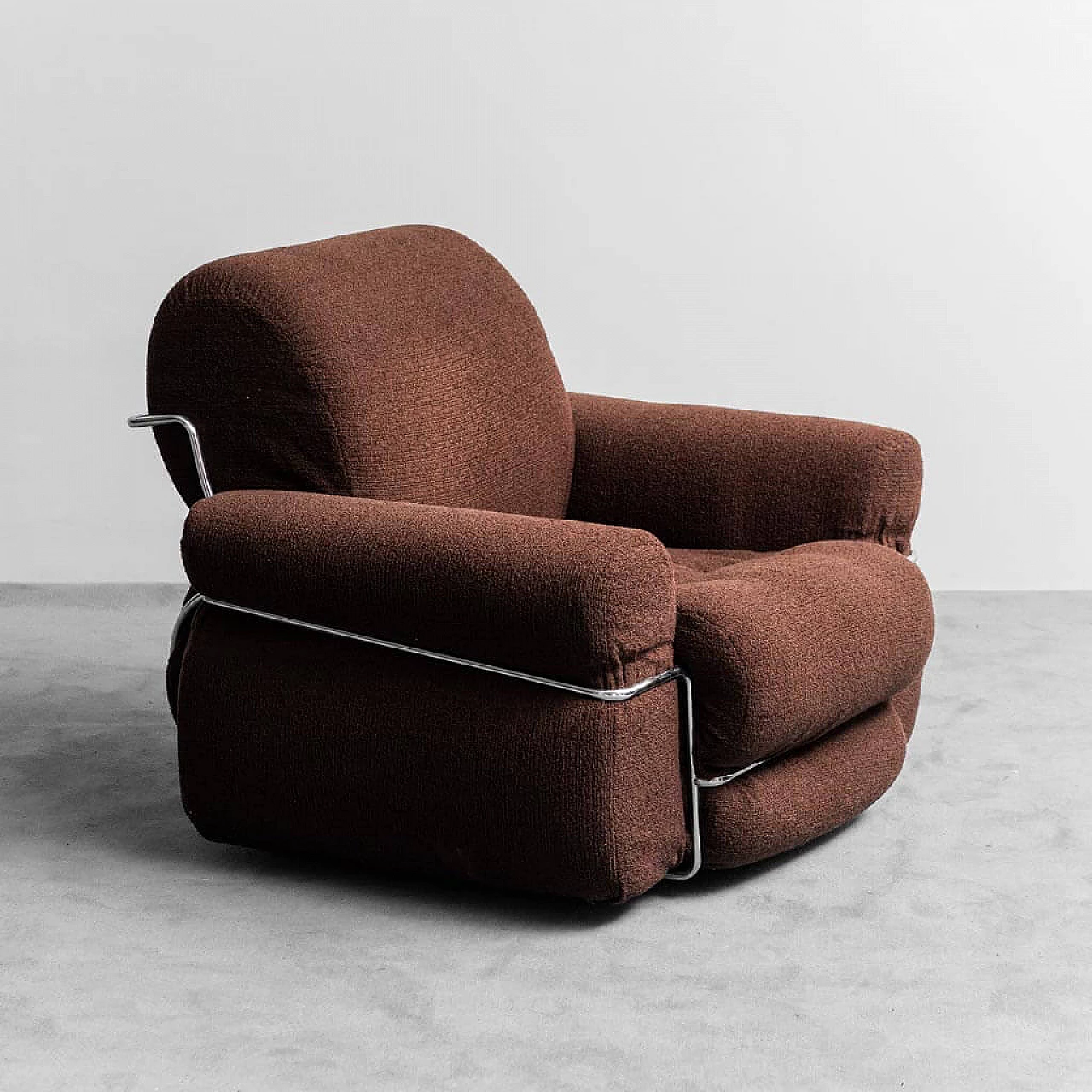 Pair of brown fabric and tubular metal armchairs, 1970s 10