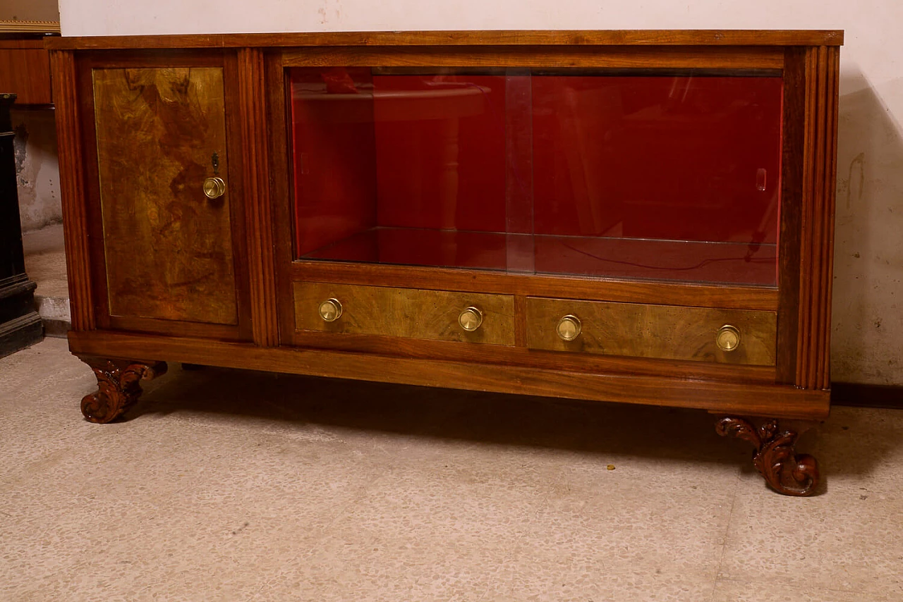 Walnut burl sideboard with sliding glass, 1960s 1