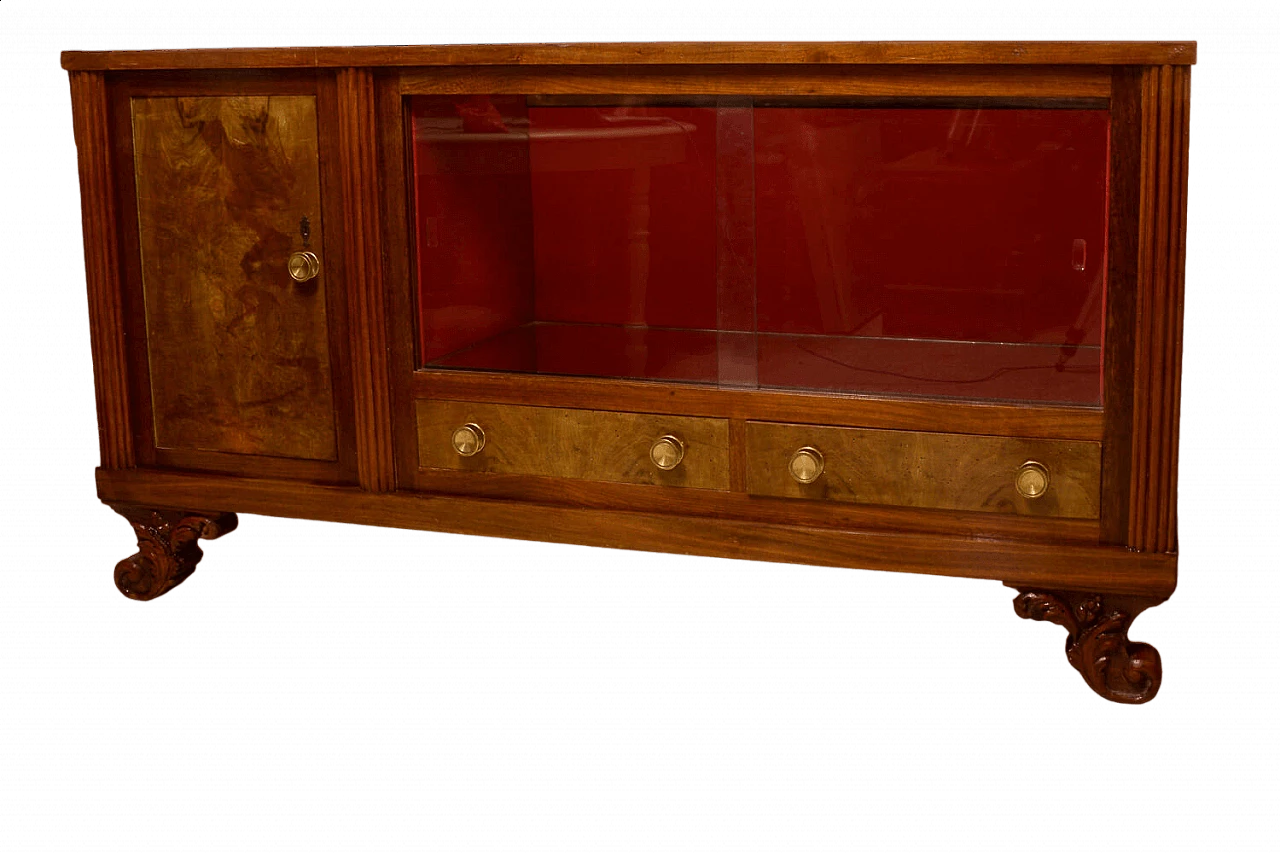 Walnut burl sideboard with sliding glass, 1960s 7