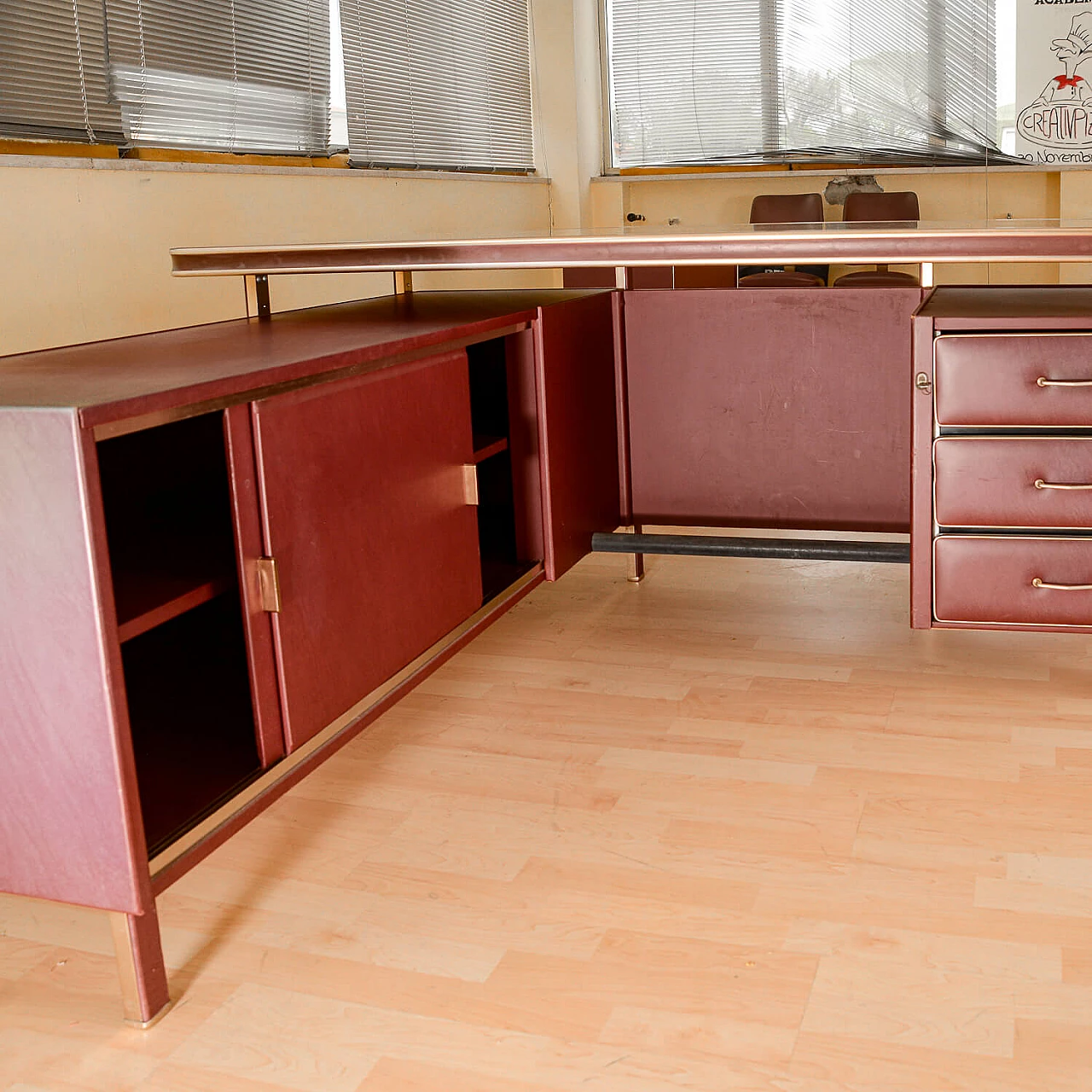 L-shaped desk in burgundy by Umberto Mascagni, 1950s 3