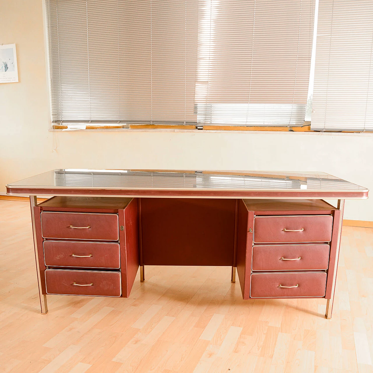 Leatherette desk with 6 drawers by Umberto Mascangi, 1950s 1