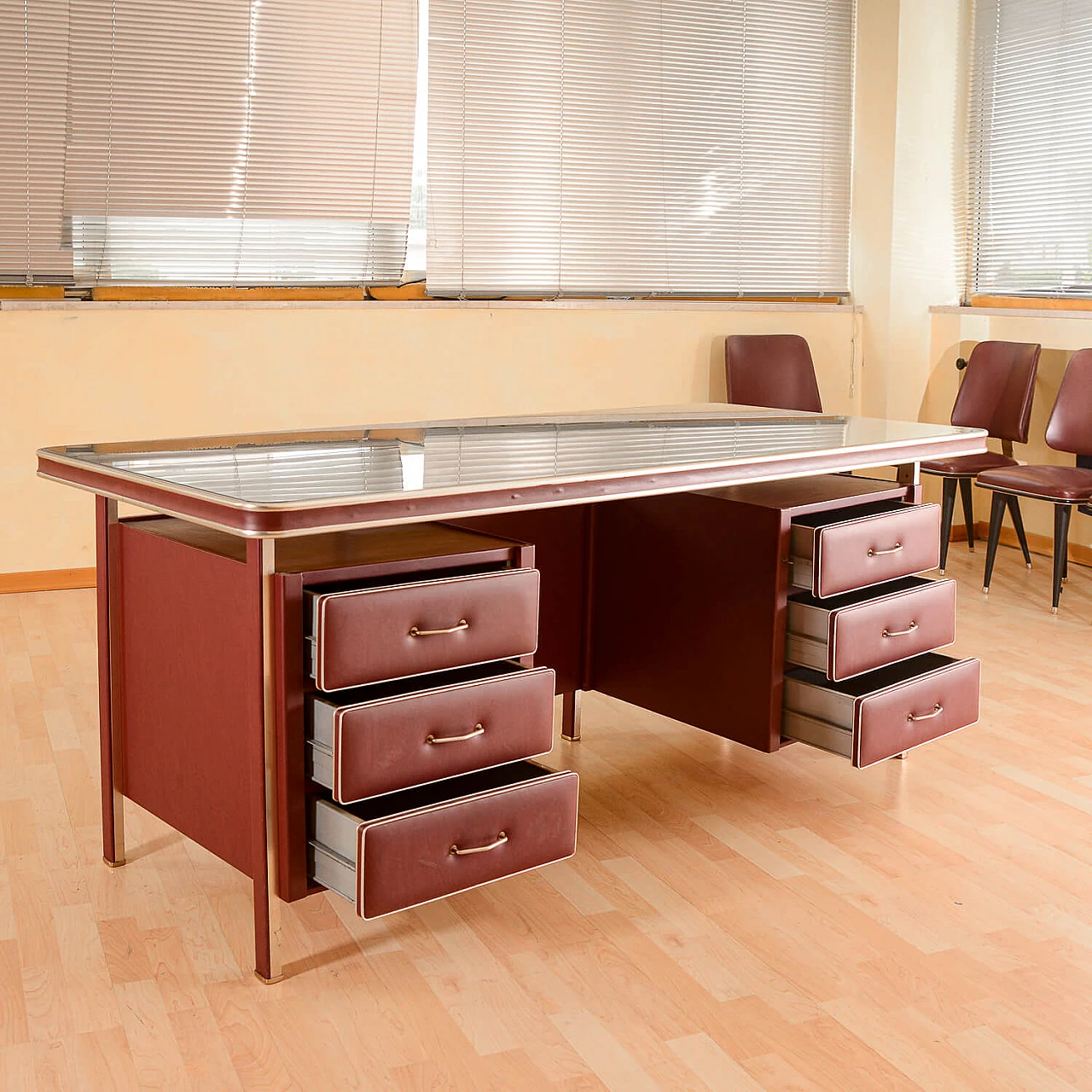 Leatherette desk with 6 drawers by Umberto Mascangi, 1950s 2