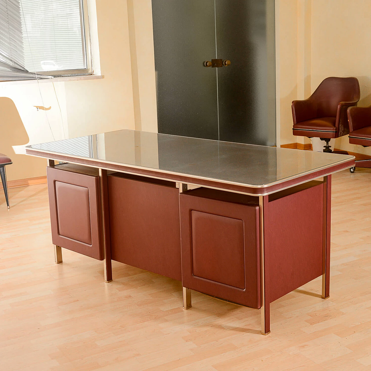 Leatherette desk with 6 drawers by Umberto Mascangi, 1950s 4