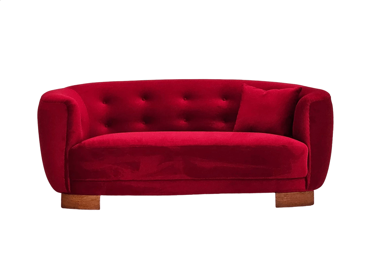 Divano danese Banana a due posti in velluto rosso ciliegia, anni '60 14