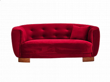 Danish Banana two-seater sofa in cherry red velvet, 1960s