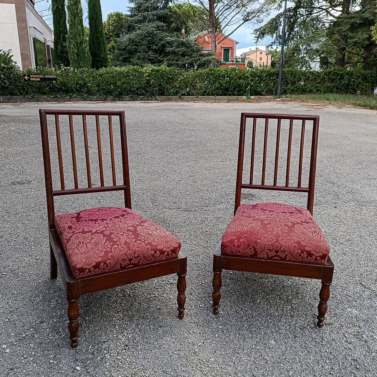 Pair of small armchairs in wood and fabric, early 20th century 1