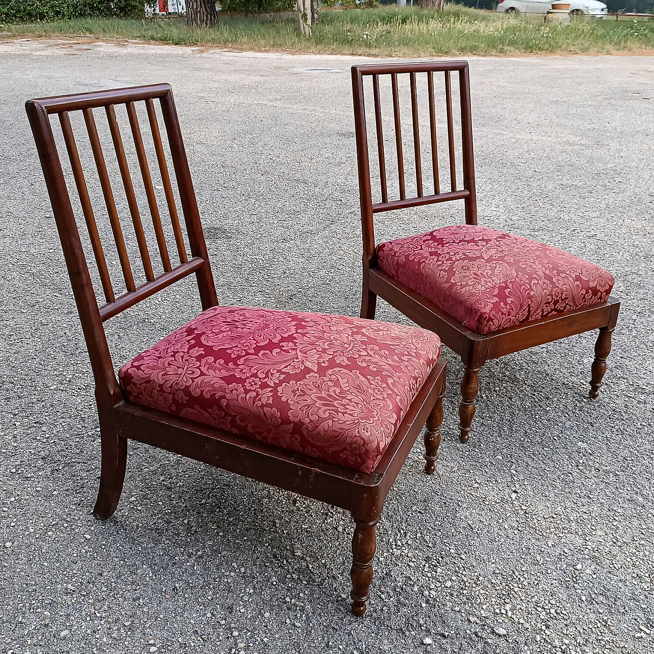 Pair of small armchairs in wood and fabric, early 20th century 2