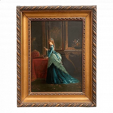 Woman in blue dress reading, oil painting on panel, 19th century