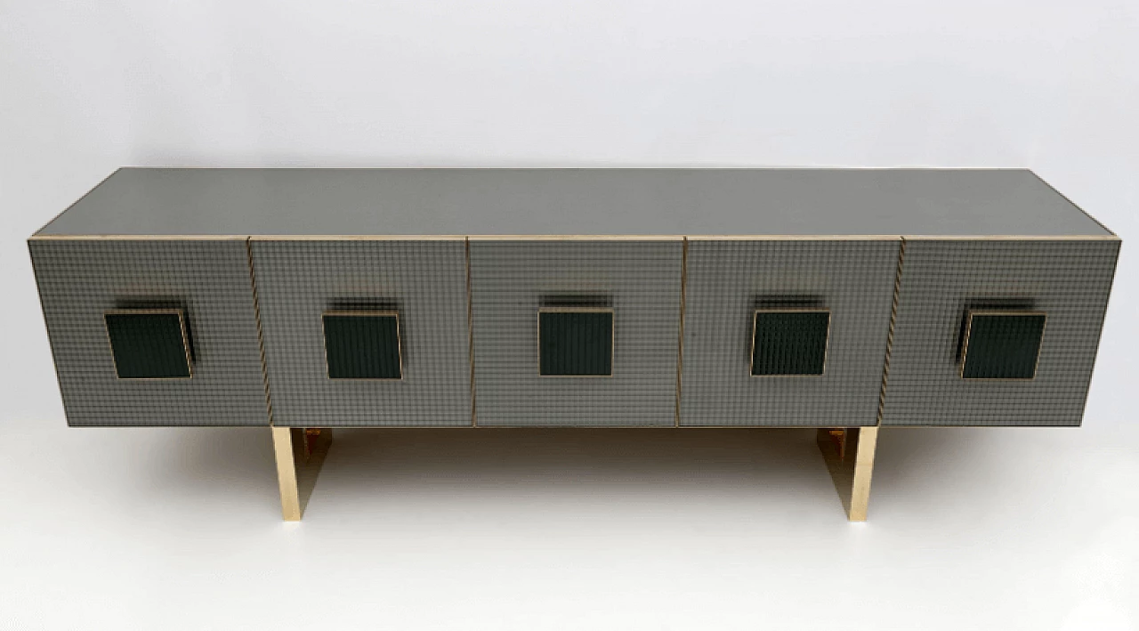 Credenza in vetro colorato e ottone, anni '80 2