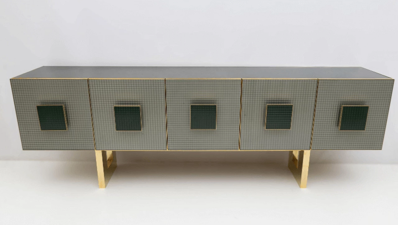 Credenza in vetro colorato e ottone, anni '80 4