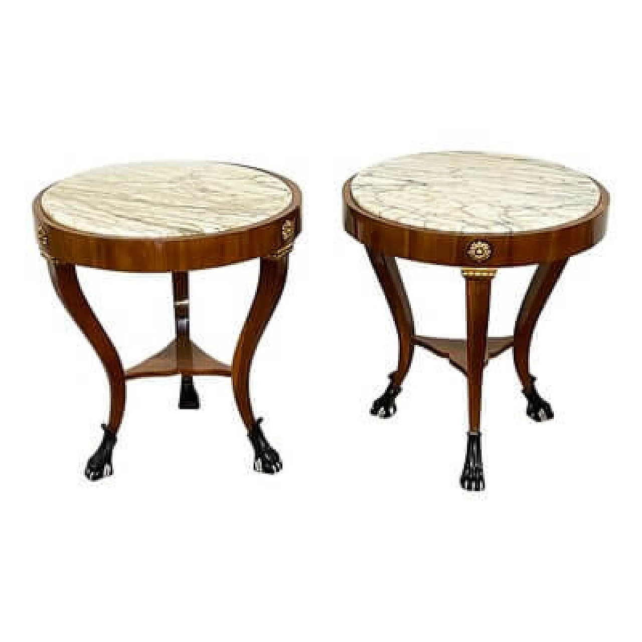 Pair of French walnut coffee tables with marble top, 1990s 1