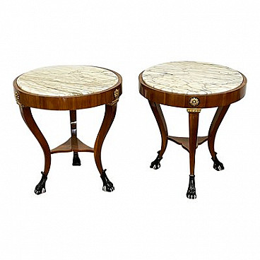 Pair of French walnut coffee tables with marble top, 1990s