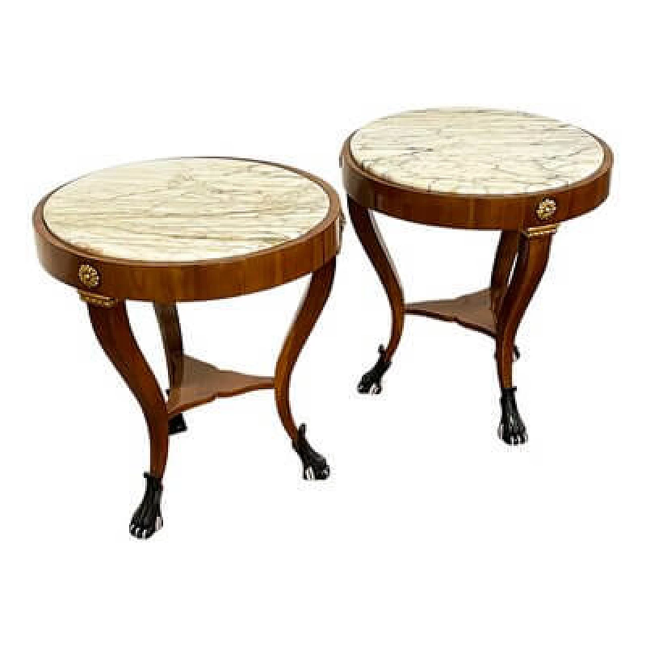 Pair of French walnut coffee tables with marble top, 1990s 2
