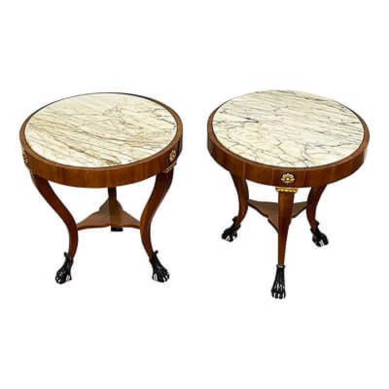 Pair of French walnut coffee tables with marble top, 1990s 3