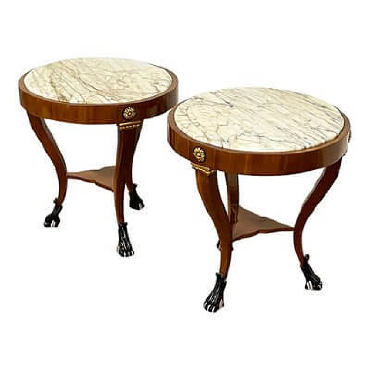 Pair of French walnut coffee tables with marble top, 1990s 4
