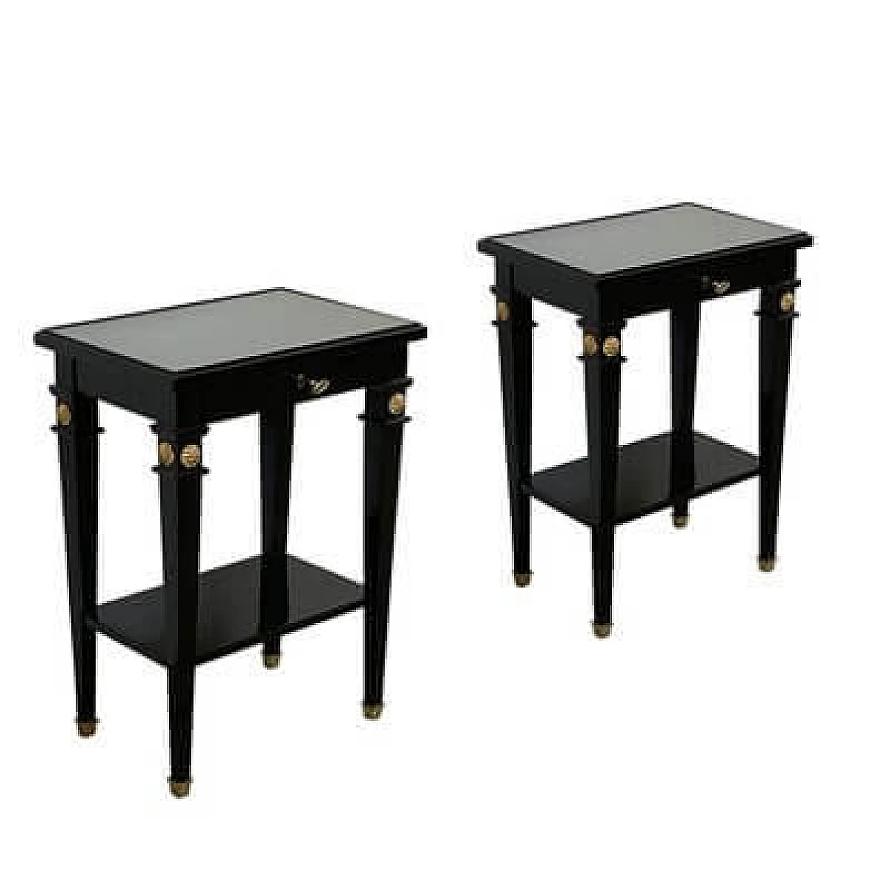 Pair of black lacquered wood side tables with glass top, 1990s 1