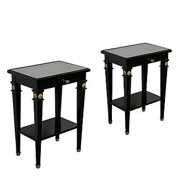 Pair of black lacquered wood side tables with glass top, 1990s