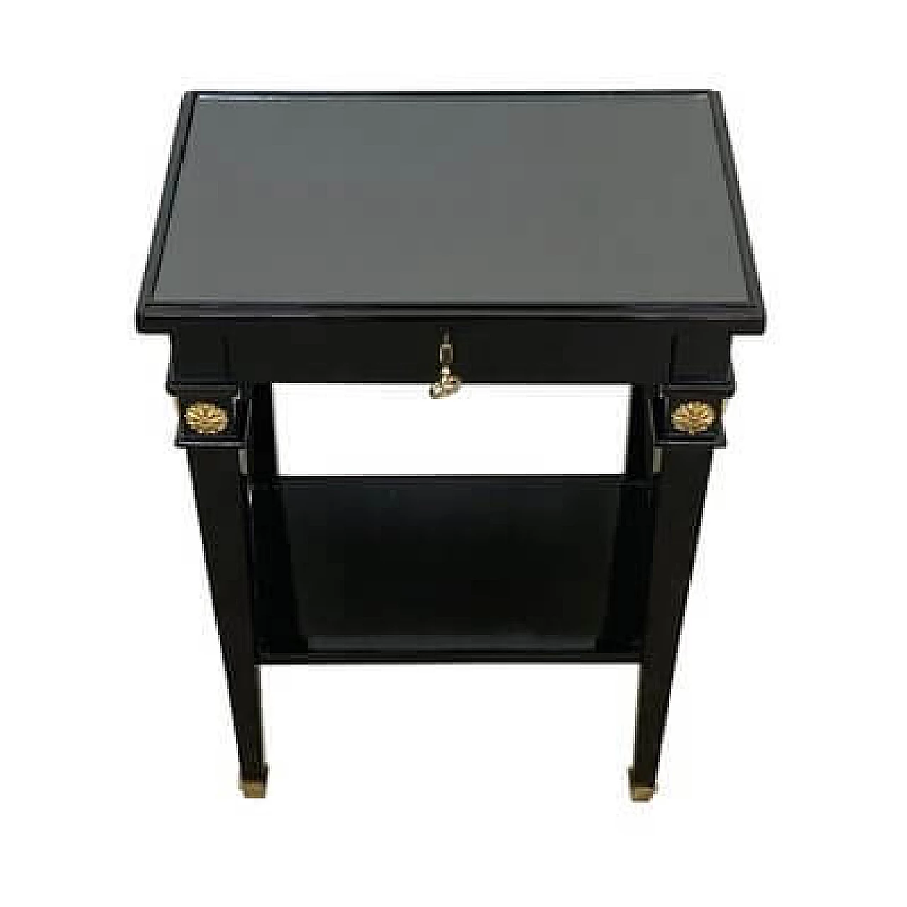 Pair of black lacquered wood side tables with glass top, 1990s 3