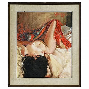 Manzini, reclining female nude, oil painting on canvas, 1963