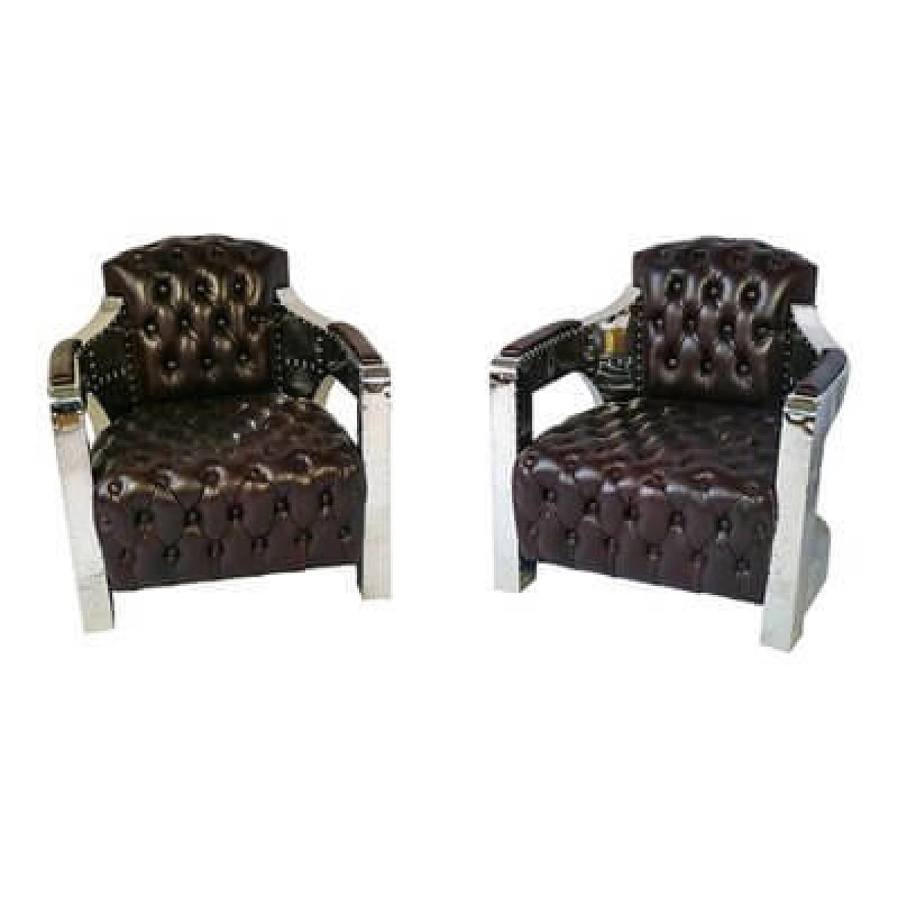 Pair of leather, wood and steel Aviator armchairs, 1980s 1