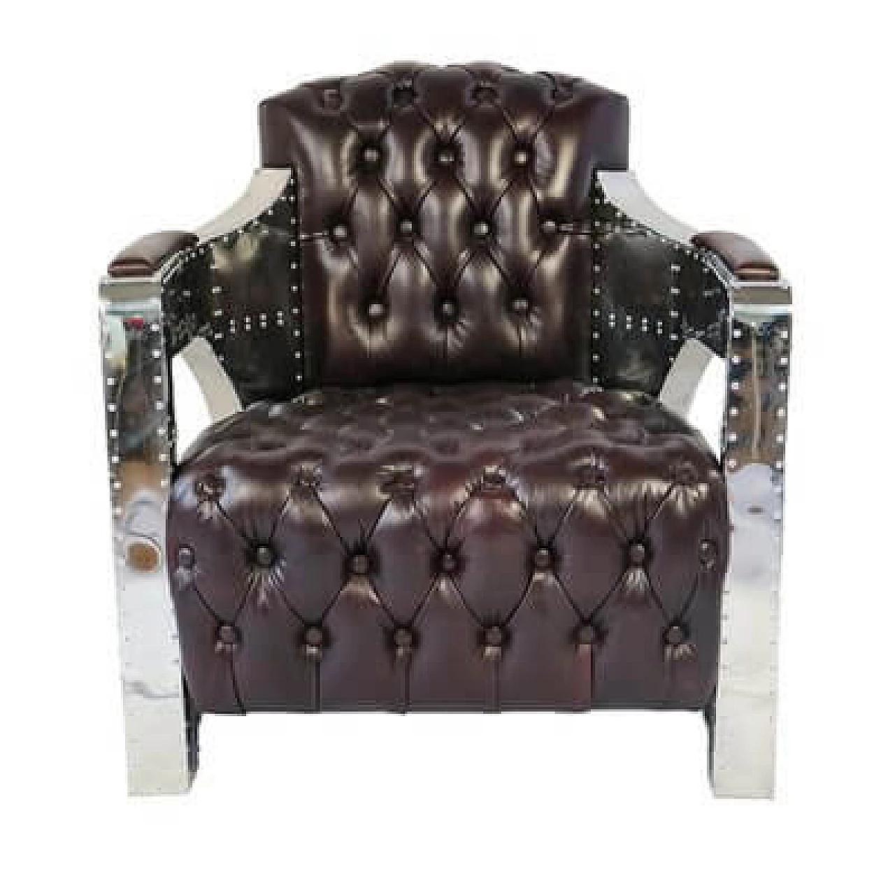 Pair of leather, wood and steel Aviator armchairs, 1980s 2